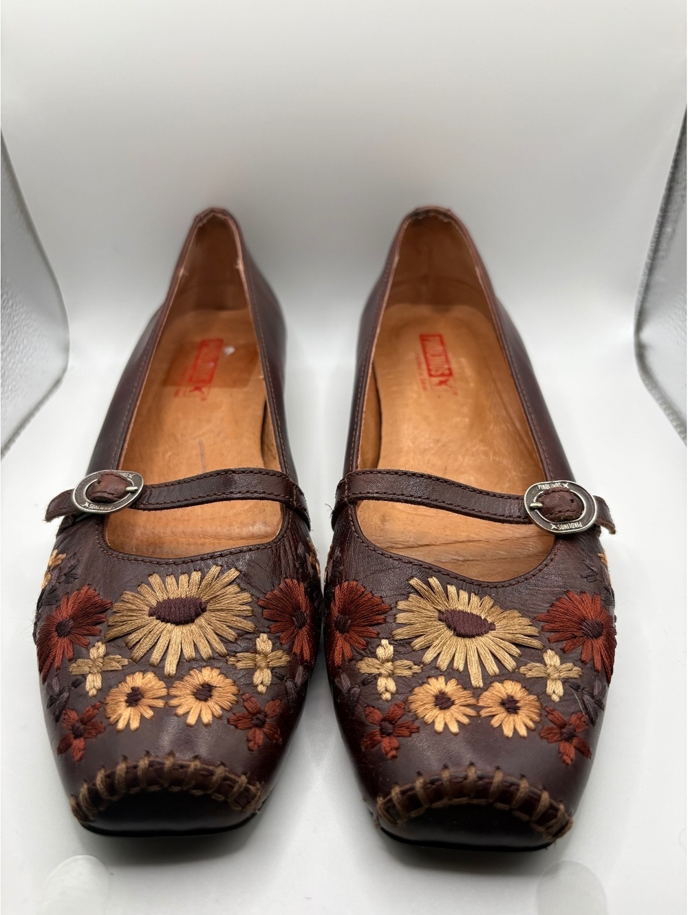 Pikolinos Brown Leather Embroidered Floral Mary Jane Flats EU 38 / US 7.5-8